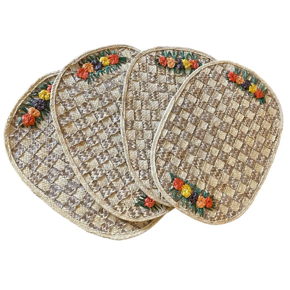 4 Large Rattan Wicker oval placemats floral flower boho flowers table mats